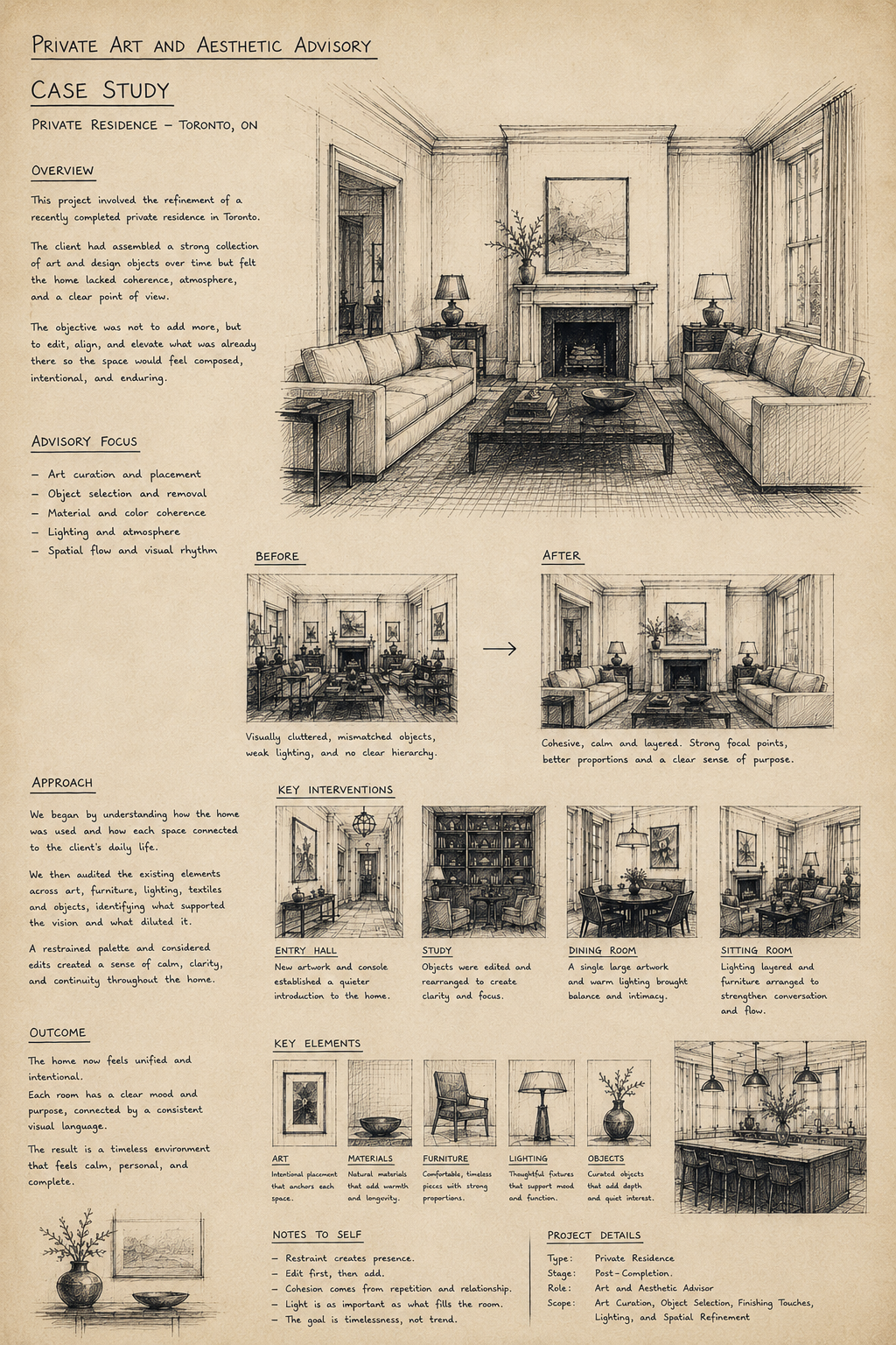 Private art and aesthetic advisory case study sketches and notes.