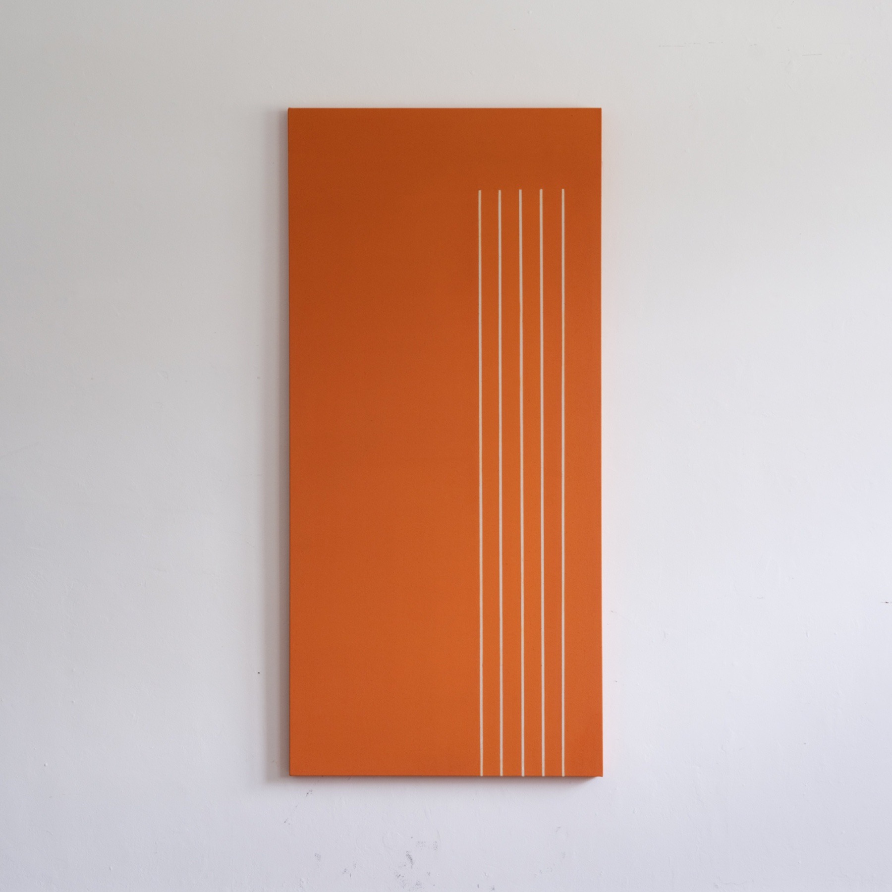 Orange #1, an orange oil painting with thin pale vertical lines.
