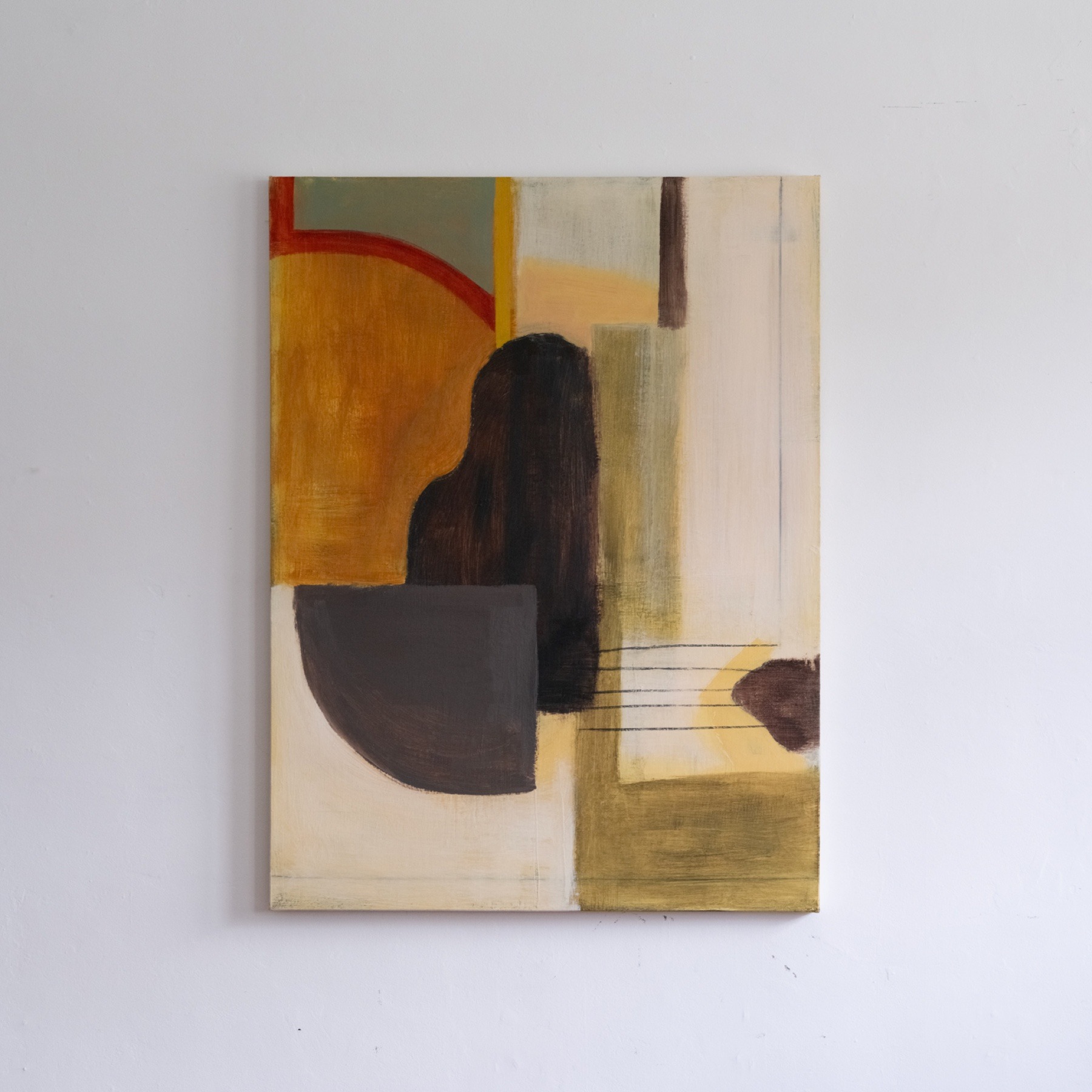 The Italian Refugee, an acrylic painting with a dark figure and muted blocks of color.