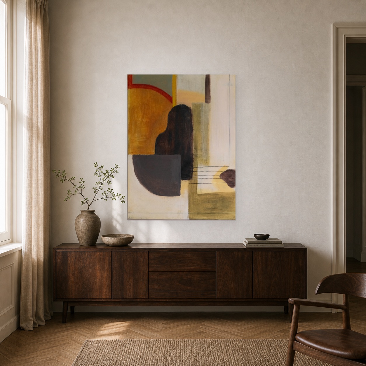 The Italian Refugee shown in a quiet placement mockup on a white gallery wall.