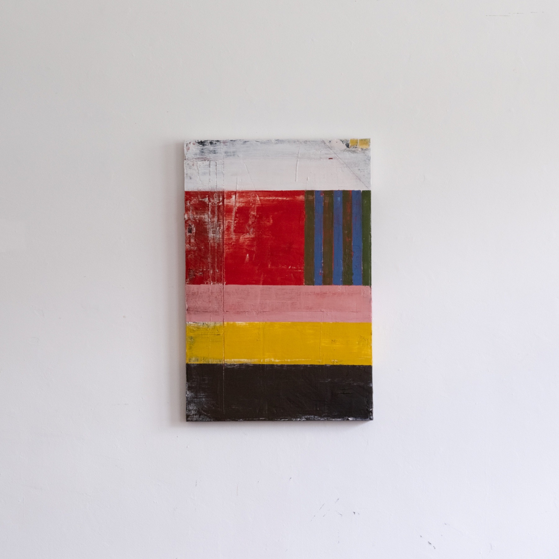 Untitled #1, an oil and cold wax mixed-media painting on wood panel with red, pink, yellow, black, and vertical color bands.